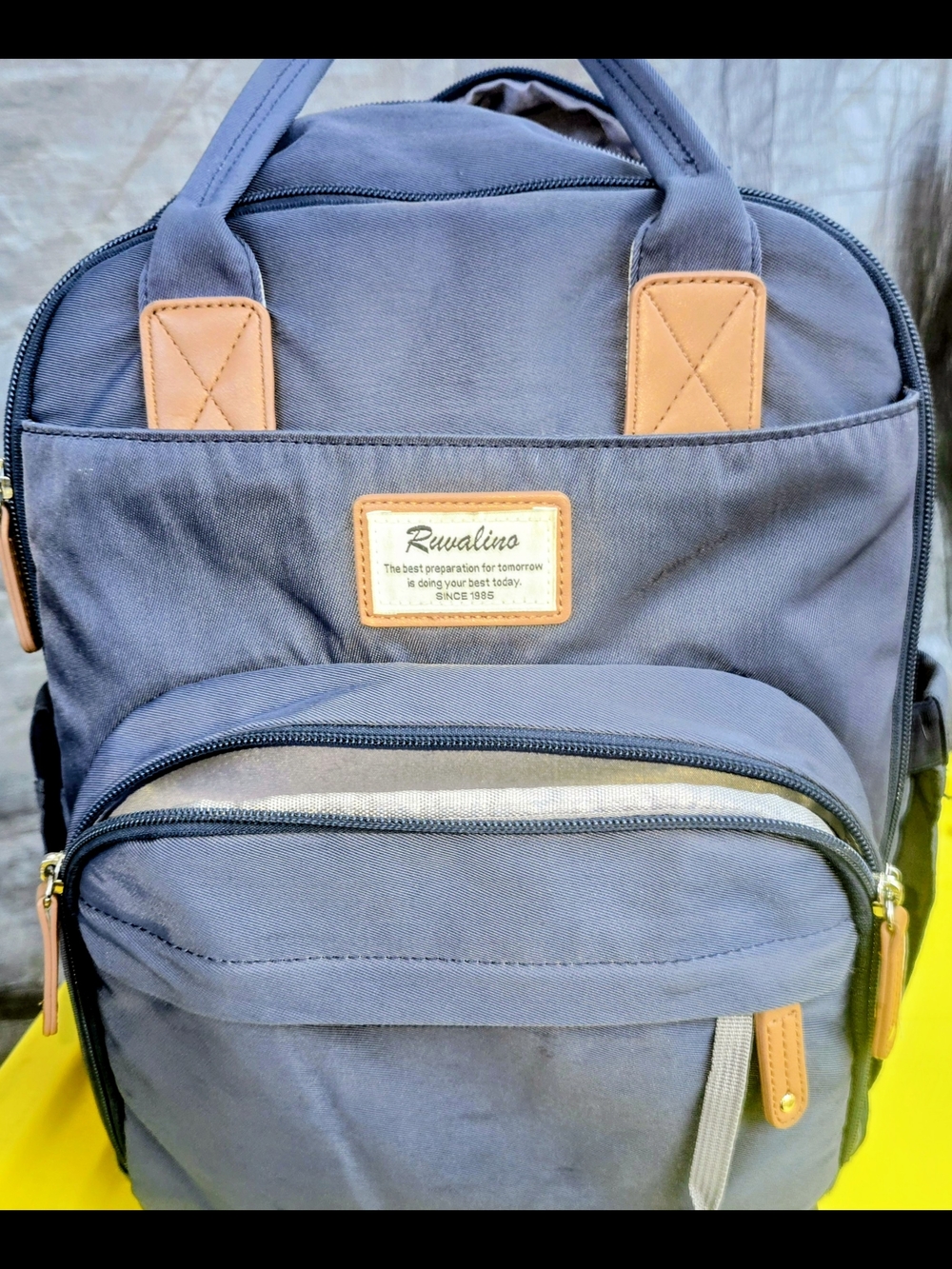 Ruwalino Navy Baby Diaper Backpack with Tan Accents
